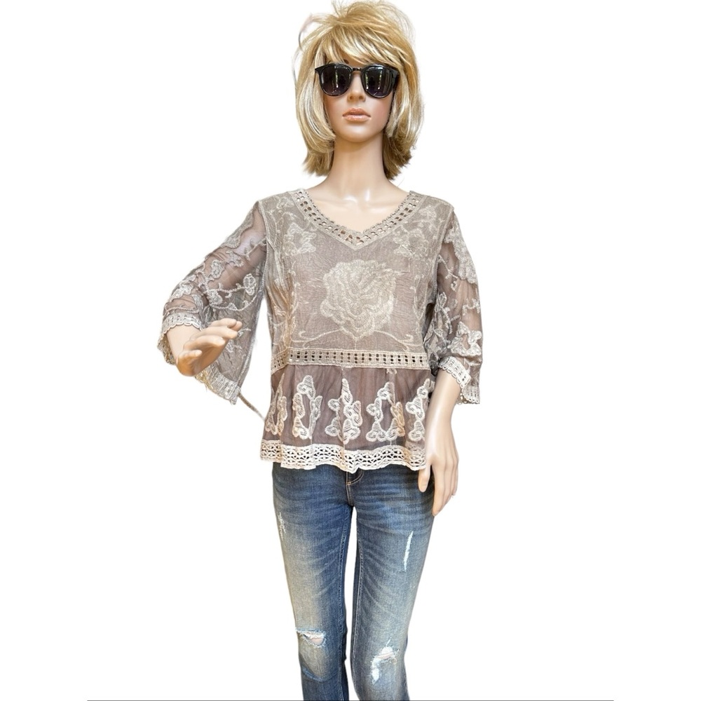 Taupe Lace and Embroidery Boho Top, NWT, M